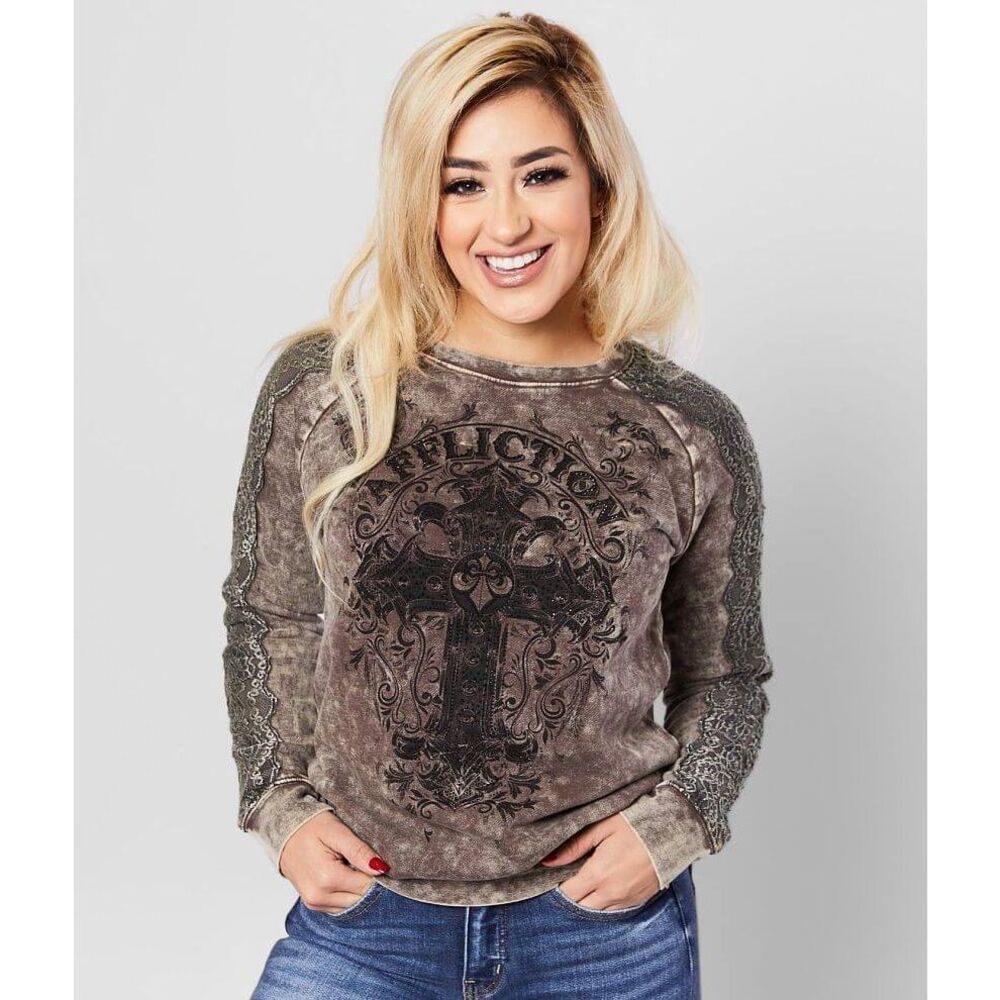 Affliction Topaz Peak Sweatshirt Brown Distressed Washed Crewneck Lace sz Medium